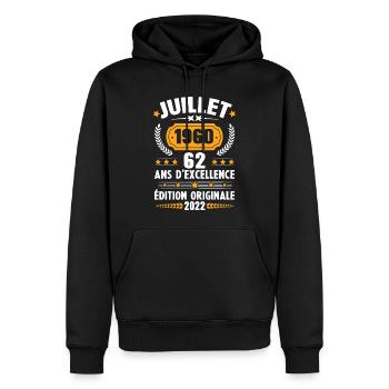 Cadeau d'anniversaire 62 Ans, Né en juillet 1960 - Sweat à capuche Premium bio Homme - noir - Devant - Nico (187cm)
