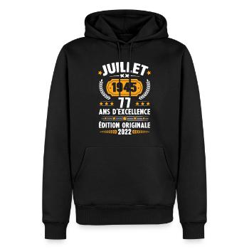 Cadeau d'anniversaire 77 Ans, Né en juillet 1945 - Sweat à capuche Premium bio Homme - noir - Devant - Nico (187cm)