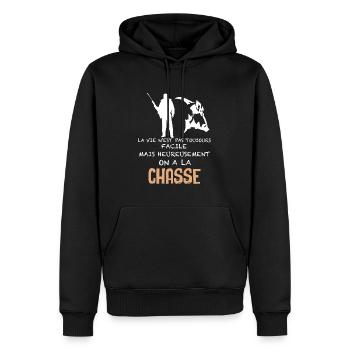 Heureusement On A La Chasse - Sweat à capuche Premium bio Homme - noir - Devant - Nico (187cm)