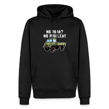 Pas de route? Aucun problème! Unimog - Tout-terrain - Oldtimer - Sweat à capuche Premium bio Homme - noir - Devant - Nico (187cm)