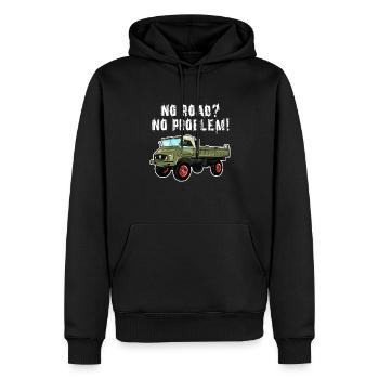 Pas de route? Aucun problème! Unimog - Tout-terrain - Oldtimer - Sweat à capuche Premium bio Homme - noir - Devant - Nico (187cm)