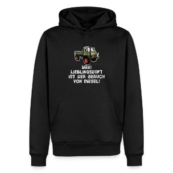 Mein Lieblingsduft ist Diesel! Unimog - Oldtimer - Männer Premium Bio Hoodie - Schwarz - Vorne - Nico (187cm)