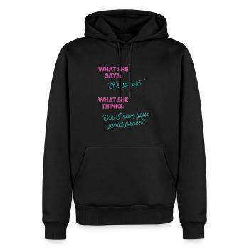 Kann ich deine Jacke haben? - Männer Premium Bio Hoodie - Schwarz - Vorne - Nico (187cm)