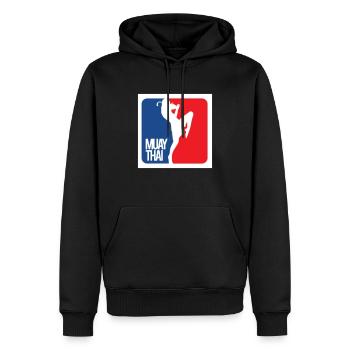 Muay Thai Fighter, Flying-Knee-Strike Design - Men’s Premium Organic Hoodie - black - Front - Nico (187cm)