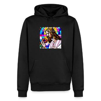 AI Shirt - Jesus eating a donut on a church window - Männer Premium Bio Hoodie - Schwarz - Vorne - Nico (187cm)