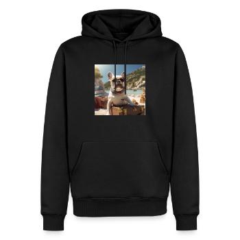 Bouledogue français portant des lunettes de soleil sur la plage - Sweat à capuche Premium bio Homme - noir - Devant - Nico (187cm)