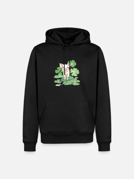 Glücksschwein auf Vierblättrigem Kleeblatt - Männer Premium Bio Hoodie - Schwarz