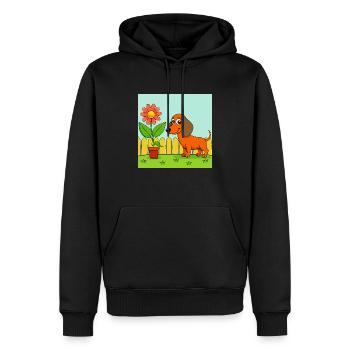 Teckel curieux reniflant la fleur dans le jardin - Sweat à capuche Premium bio Homme - noir - Devant - Nico (187cm)