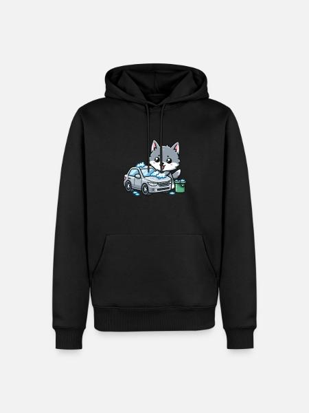 Cute wolf washes car - Men’s Premium Organic Hoodie - black
