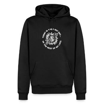 Aujourd’hui : Le premier pas dans votre nouvelle vie ! - Sweat à capuche Premium bio Homme - noir - Devant - Nico (187cm)