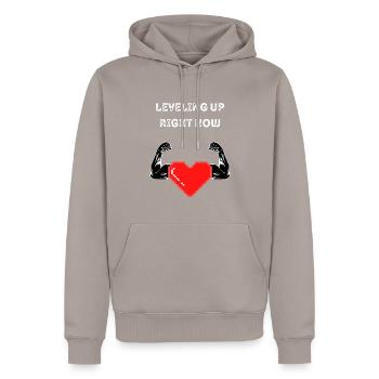 Leveling up right now gym Shirt - Men’s Premium Organic Hoodie - taupe - Front - Nico (187cm)