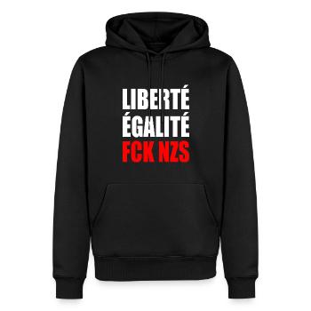 Liberté égalité fck nzs - Sweat à capuche Premium bio Homme - noir - Devant - Nico (187cm)