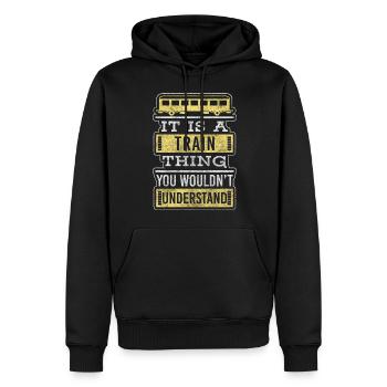 Eisenbahn Dampflok Modelleisenbahn - Männer Premium Bio Hoodie - Schwarz - Vorne - Nico (187cm)