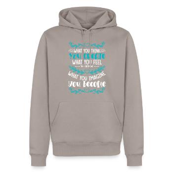 Positive Energy Strong Yoga - Men’s Premium Organic Hoodie - taupe - Front - Nico (187cm)
