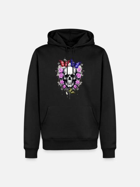 Totenkopf mit Rosen und Schmetterlingen farbig - Männer Premium Bio Hoodie - Schwarz
