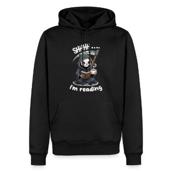 Sensenmann liest ein Buch mit Kaffee - Männer Premium Bio Hoodie - Schwarz - Vorne - Nico (187cm)