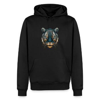 Fesselnder Op-Art-Tiger in Blau und Ocker - Männer Premium Bio Hoodie - Schwarz - Vorne - Nico (187cm)