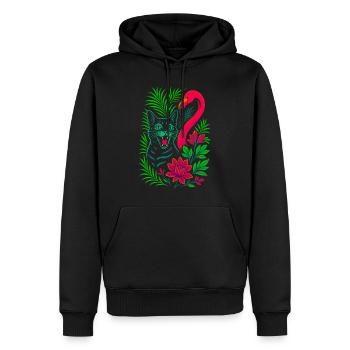 Tropische Katze & Flamingo - Sommer 2025 - Männer Premium Bio Hoodie - Schwarz - Vorne - Nico (187cm)
