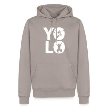 YOLO - Männer Premium Bio Hoodie - Taupe - Vorne - Nico (187cm)