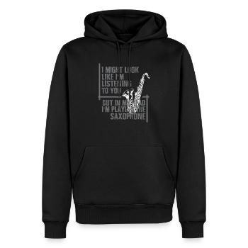 Dans ma tête le saxophone joue - Sweat à capuche Premium bio Homme - noir - Devant - Nico (187cm)