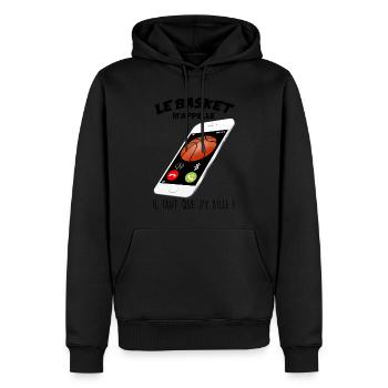 Le Basket au Téléphone - Sweat à capuche Premium bio Homme - noir - Devant - Nico (187cm)