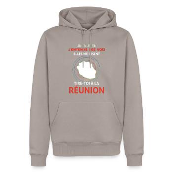 La Réunion La Petite Voix Humour - Sweat à capuche Premium bio Homme - taupe - Devant - Nico (187cm)