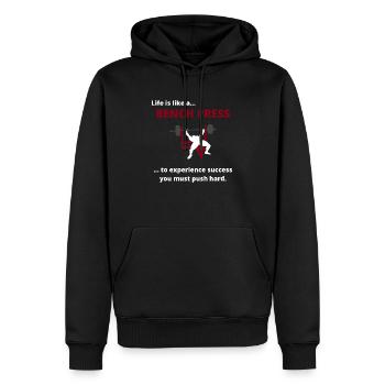 Life is like a Bench press.. Funny Gym Design - Männer Premium Bio Hoodie - Schwarz - Vorne - Nico (187cm)