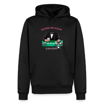 Joueur de poker avec texte - Sweat à capuche Premium bio Homme - noir - Devant - Nico (187cm)
