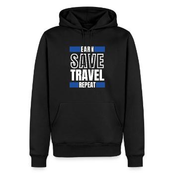 Earn save travel repeat - Men’s Premium Organic Hoodie - black - Front - Nico (187cm)