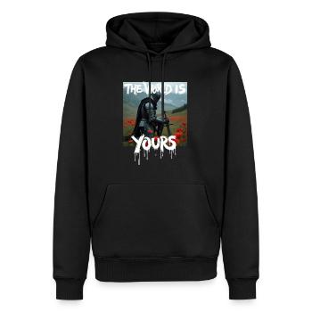 THE WORLD IS YOURS x FALLEN KNIGHT - Männer Premium Bio Hoodie - Schwarz - Vorne - Nico (187cm)