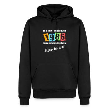 Legende ist 1986 geboren. Geburtstagsspruch - Männer Premium Bio Hoodie - Schwarz - Vorne - Nico (187cm)