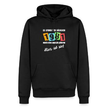 Legende ist 1981 geboren. Geburtstagsspruc - Männer Premium Bio Hoodie - Schwarz - Vorne - Nico (187cm)