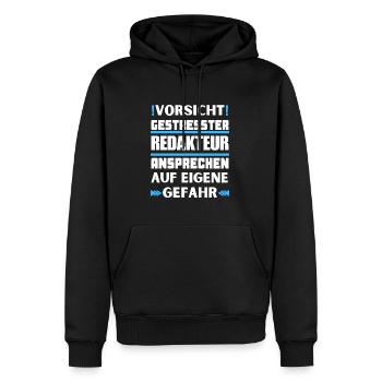 Gestresster Redakteur nicht ansprechen! - Männer Premium Bio Hoodie - Schwarz - Vorne - Nico (187cm)