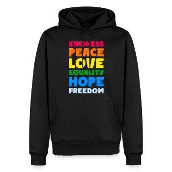 KINDNESS PEACE LOVE EQUALITY HOPE FREEDOM - Männer Premium Bio Hoodie - Schwarz - Vorne - Nico (187cm)