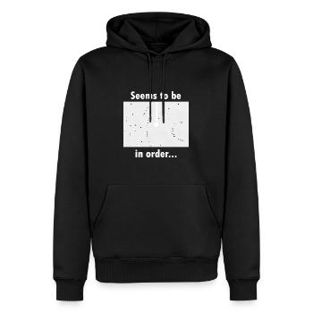 Seems to be in order (white text) - Men’s Premium Organic Hoodie - black - Front - Nico (187cm)