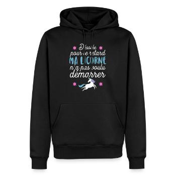 Licorne démarre pas t-shirt drole - Sweat à capuche Premium bio Homme - noir - Devant - Nico (187cm)