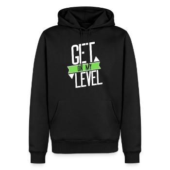 Get onmy Level - Original green Design - Men’s Premium Organic Hoodie - black - Front - Nico (187cm)