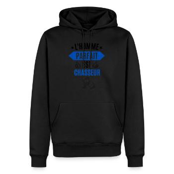 L'homme parfait est chasseur - Sweat à capuche Premium bio Homme - noir - Devant - Nico (187cm)