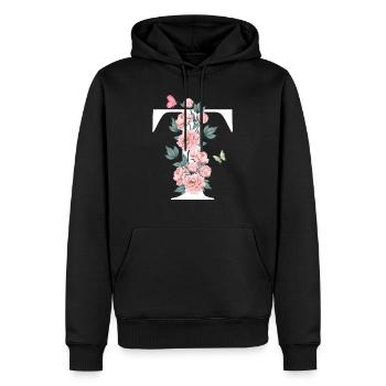 Lettre t fleurs rose - Sweat à capuche Premium bio Homme - noir - Devant - Nico (187cm)
