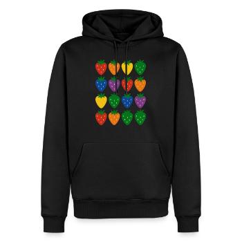 Buntes Regenbogen-Erdbeermuster - Männer Premium Bio Hoodie - Schwarz - Vorne - Nico (187cm)