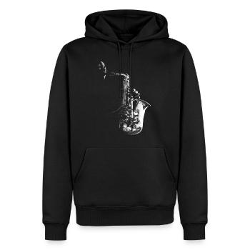 SAXOPHONE, SAXOPHONE ET SAXOPHONISTE SUR NOIR - Sweat à capuche Premium bio Homme - noir - Devant - Nico (187cm)