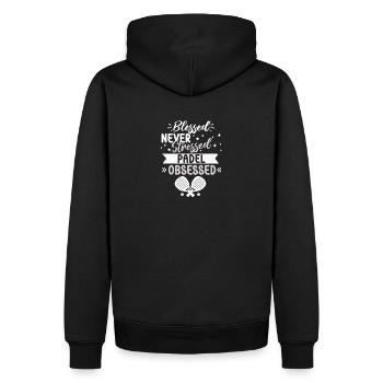 Béni, jamais stressé, obsédé par le padel - Sweat à capuche Premium bio Homme - noir - Dos - Nico (187cm)