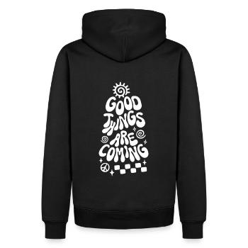 Good Things are Coming Retro Spruch - Männer Premium Bio Hoodie - Schwarz - Hinten - Nico (187cm)