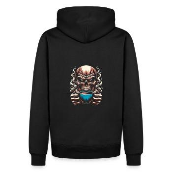 Skull mit Kaffeebecher Kaffee - Männer Premium Bio Hoodie - Schwarz - Hinten - Nico (187cm)