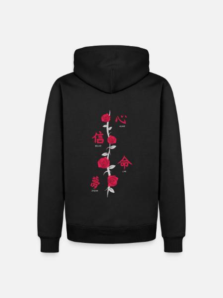 Japanese Characters Back Print with Flowers - Men’s Premium Organic Hoodie - black