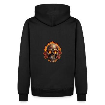 Skull mit Feuer und roten Rosen brennender Skull - Männer Premium Bio Hoodie - Schwarz - Hinten - Nico (187cm)