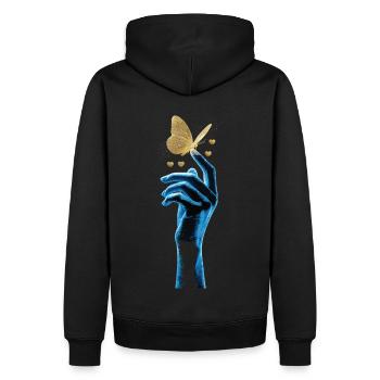 Papillon doré sur une main lumineuse - Sweat à capuche Premium bio Homme - noir - Dos - Nico (187cm)