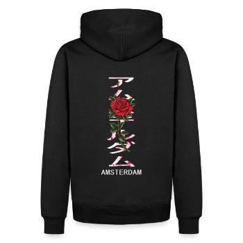 Amsterdam in Japanisch mit Rosen und Kirschblüten - Männer Premium Bio Hoodie - Schwarz - Hinten - Nico (187cm)