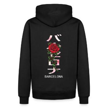 Barcelone en japonais avec des roses et des fleurs de cerisier - Sweat à capuche Premium bio Homme - noir - Dos - Nico (187cm)