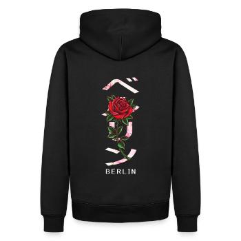 Berlin in Japanese with roses and cherry blossoms - Men’s Premium Organic Hoodie - black - Back - Nico (187cm)